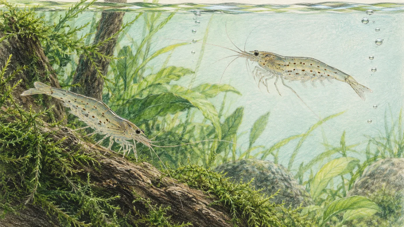 流木で採餌するヤマトヌマエビと水中を泳ぐヤマトヌマエビの色鉛筆画