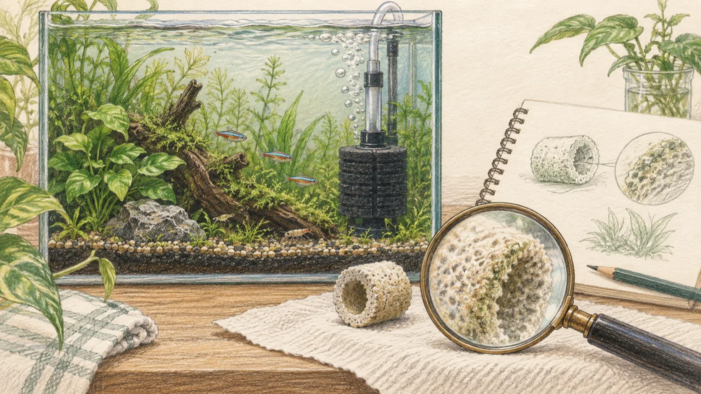 通気するフィルターとろ材の色鉛筆画